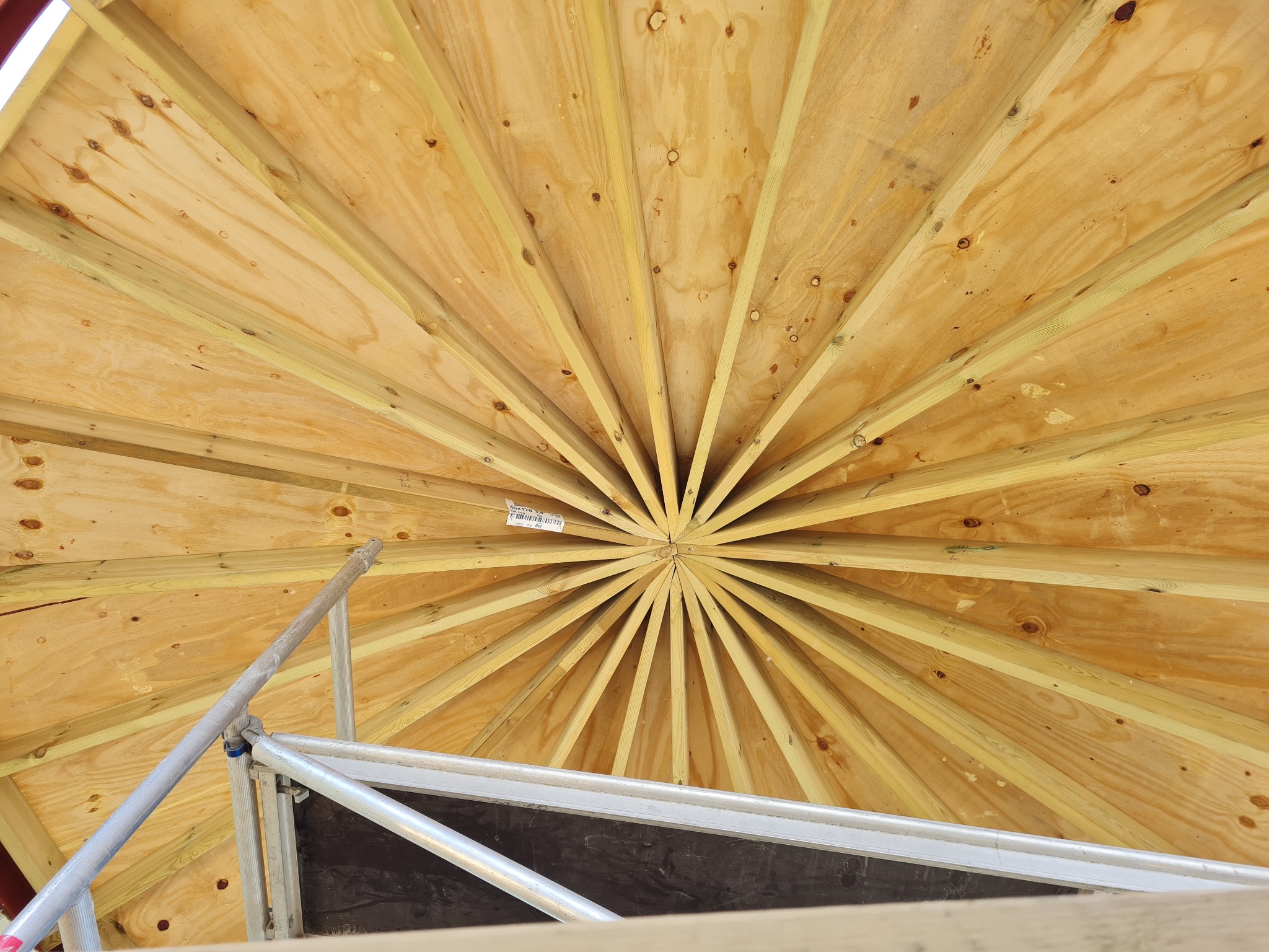 Radial timber roof structure during construction